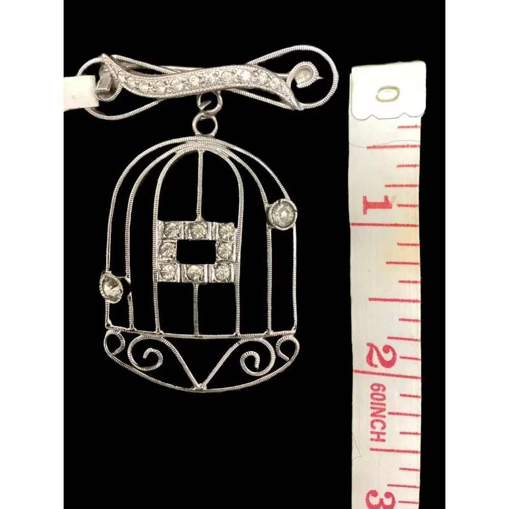 Beautiful Vintage Sterling Silver Bird Cage Brooch With Rhinestones